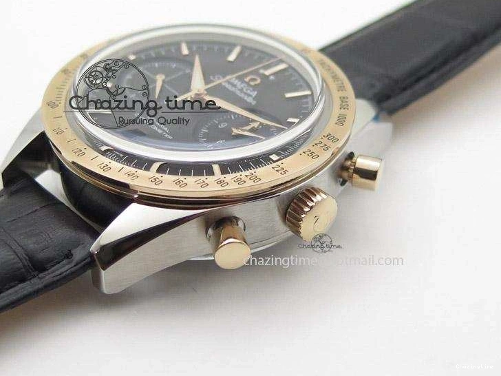 0517 Trendsetting Speedmaster ’57 SS Chrono AXF Best Edition RG Bezel Black Dial on Black Leather Strap A 8283